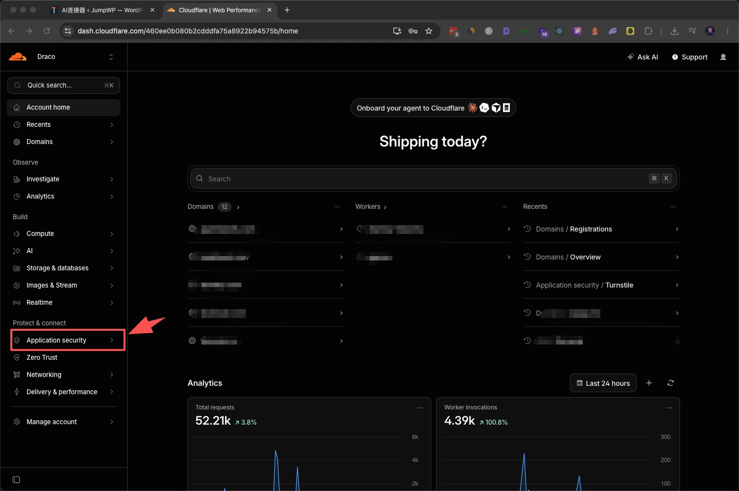 第 13 步:在 Cloudflare 找到 Application security:已找到 Turnstile 所在的菜单。