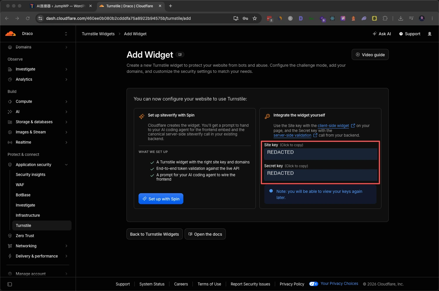 第 17 步:取得 Site Key 和 Secret Key:已取得同一个 widget 的两项密钥。